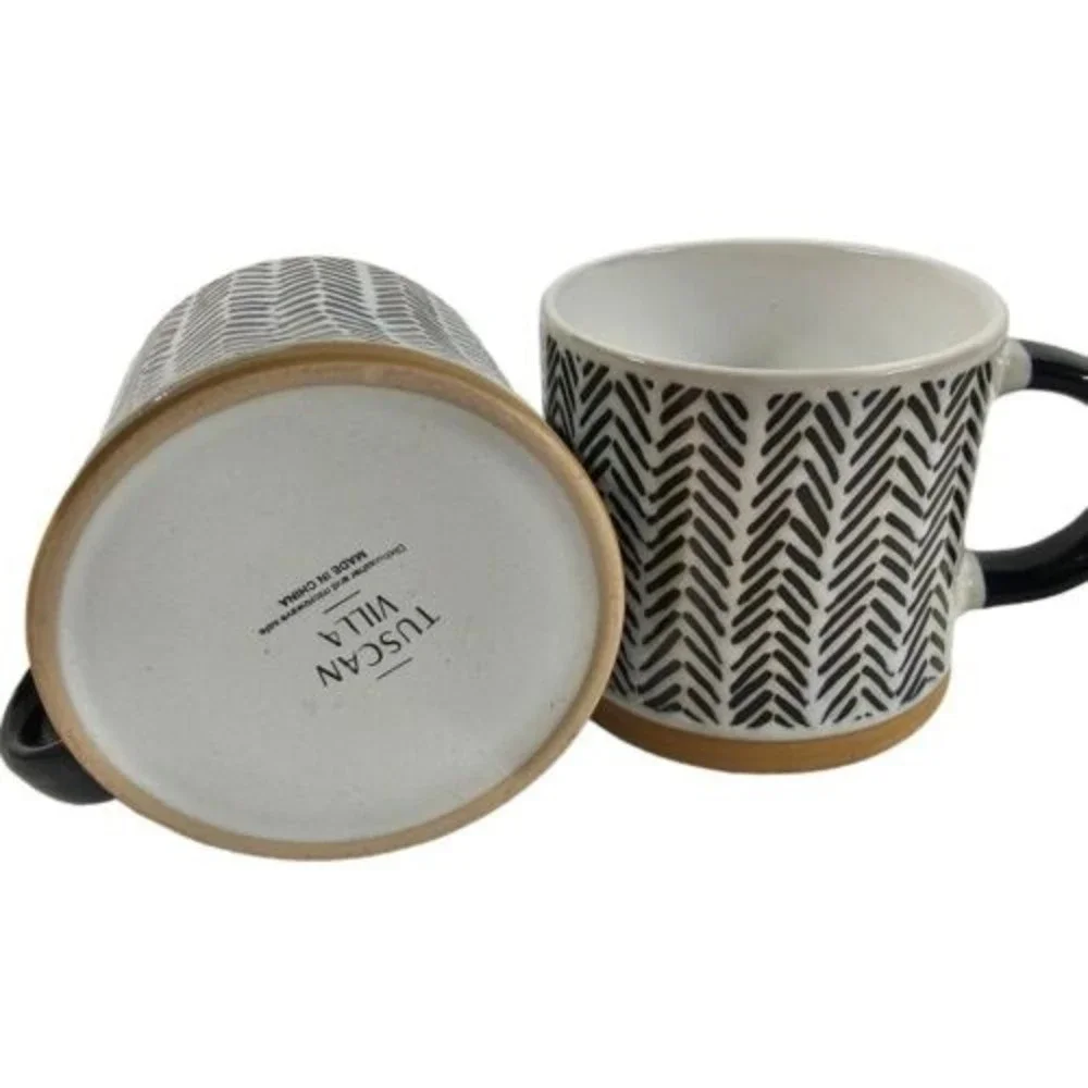 (2) Southwestern Coffee Mugs Black‎ White Chavron Tuscan Villa